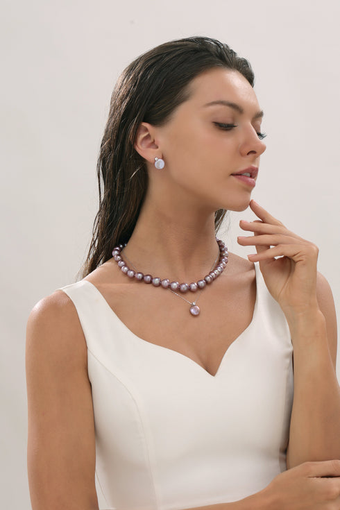 Purple Coin Pearl Stud Earrings with Cubic Zirconia